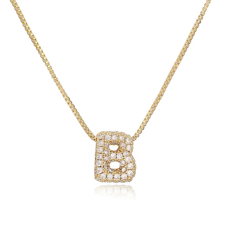 HECHENG,Golden Plated Brass Inlaid CZ Stone Letters Balloon Bubble A-Z Initials Pendant Necklace Couple Ladies Fashion Jewellery