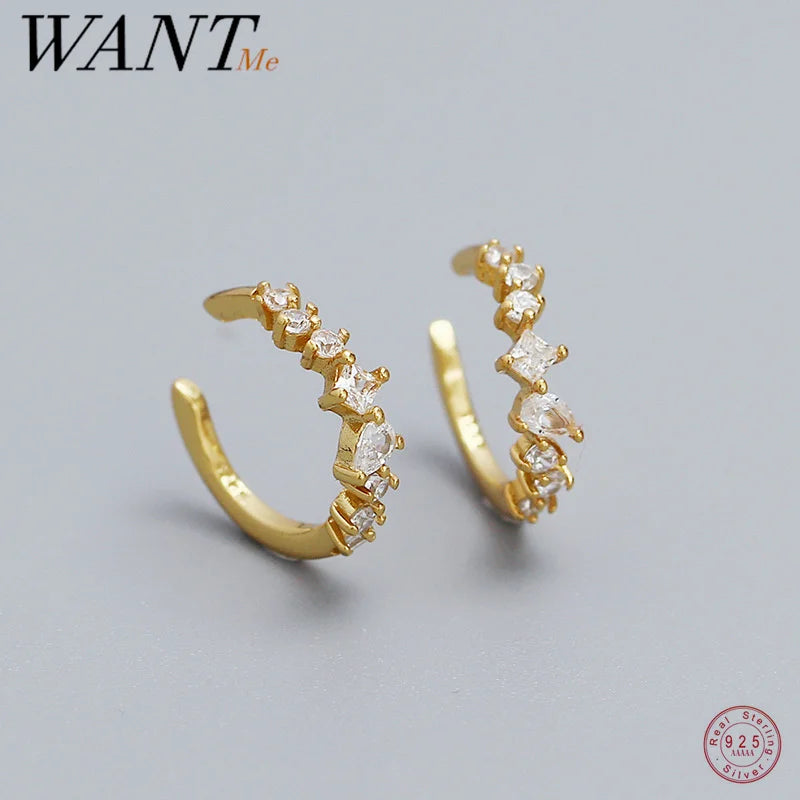 WANTME 925 Sterling Silver Fashion Personality Shiny Zircon Ear Clips for Women Simple Charm No Piercing Cuff Earrings Jewelry