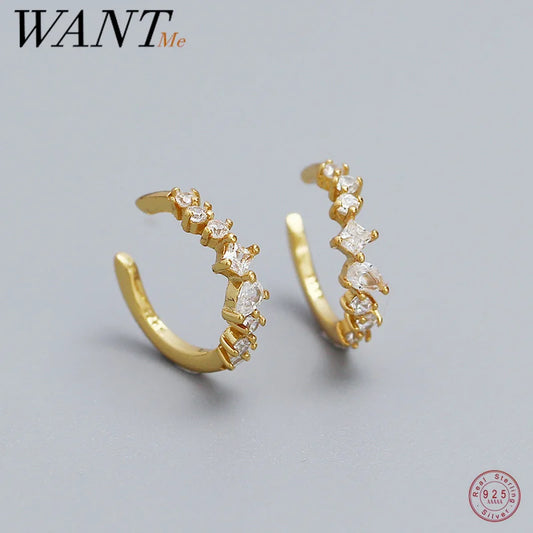 WANTME 925 Sterling Silver Fashion Personality Shiny Zircon Ear Clips for Women Simple Charm No Piercing Cuff Earrings Jewelry