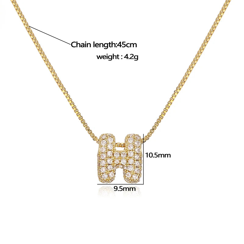 HECHENG,Golden Plated Brass Inlaid CZ Stone Letters Balloon Bubble A-Z Initials Pendant Necklace Couple Ladies Fashion Jewellery