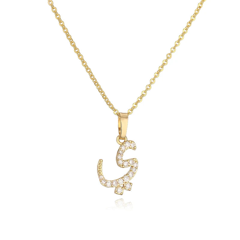 HECHENG Arabic Letter Name Inlaid CZ Stone Pendant Necklace Brass Chain Letter Pendant Necklace Women's Gift Jewelry