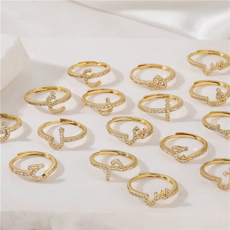 HECHENG,New Design Women's Fashion Ring Simple Zircon Arabic Letters Glass Square Design Ring Arabian Style Party Jewelry