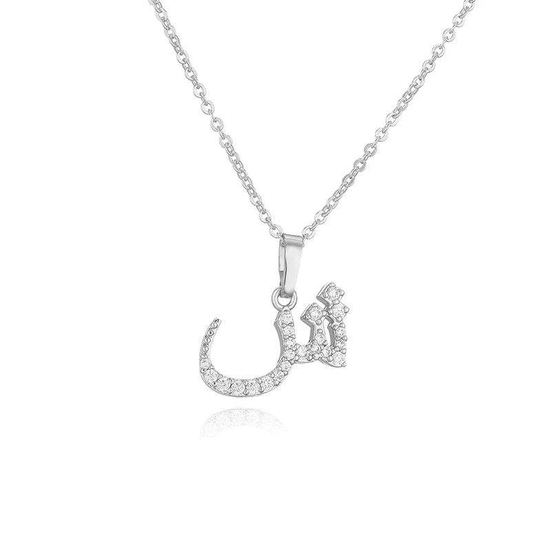 HECHENG Arabic Letter Name Inlaid CZ Stone Pendant Necklace Brass Chain Letter Pendant Necklace Women's Gift Jewelry