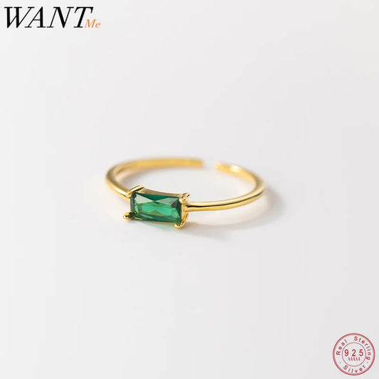 WANTME 925 Sterling Silver Simple Luxury Green Square Zircon Finger Opening Ring for Women Korean Charm Gold Party Jewelry Gift