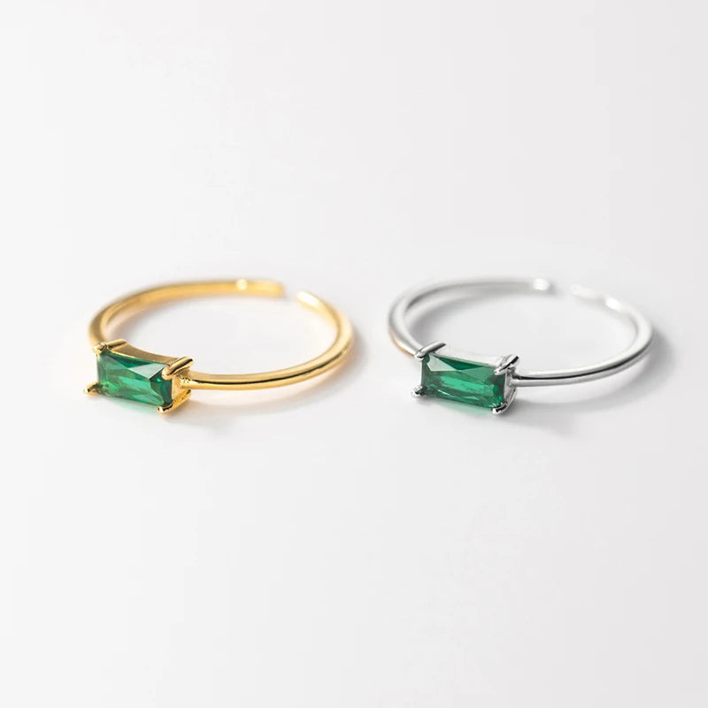 WANTME 925 Sterling Silver Simple Luxury Green Square Zircon Finger Opening Ring for Women Korean Charm Gold Party Jewelry Gift