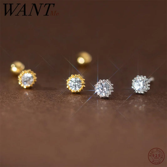 WANTME 925 Sterling Silver Shiny Simple Sunflower Screw Beads Piercing Stud Earrings for Women Fashion Birthday Party Jewelry