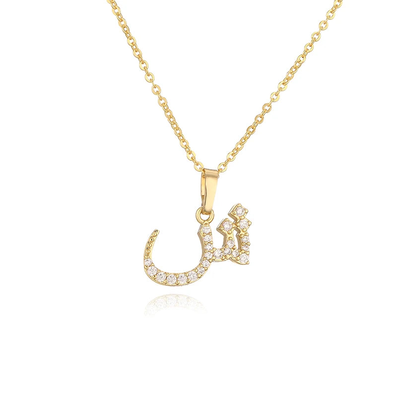 HECHENG Arabic Letter Name Inlaid CZ Stone Pendant Necklace Brass Chain Letter Pendant Necklace Women's Gift Jewelry