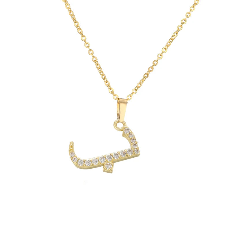 HECHENG Arabic Letter Name Inlaid CZ Stone Pendant Necklace Brass Chain Letter Pendant Necklace Women's Gift Jewelry