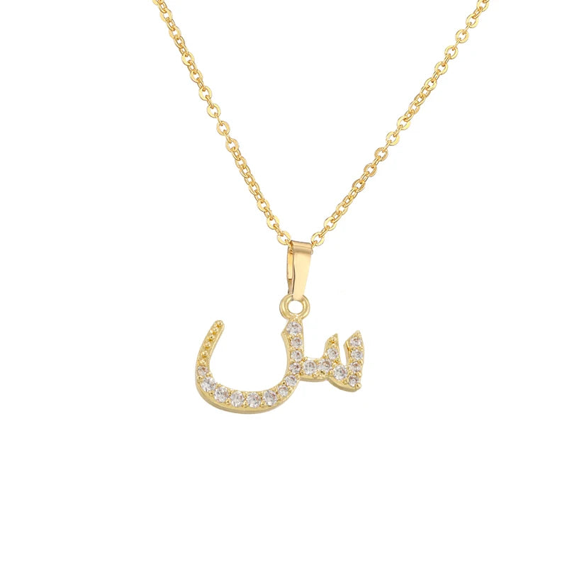 HECHENG Arabic Letter Name Inlaid CZ Stone Pendant Necklace Brass Chain Letter Pendant Necklace Women's Gift Jewelry