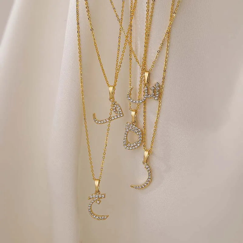 HECHENG Arabic Letter Name Inlaid CZ Stone Pendant Necklace Brass Chain Letter Pendant Necklace Women's Gift Jewelry