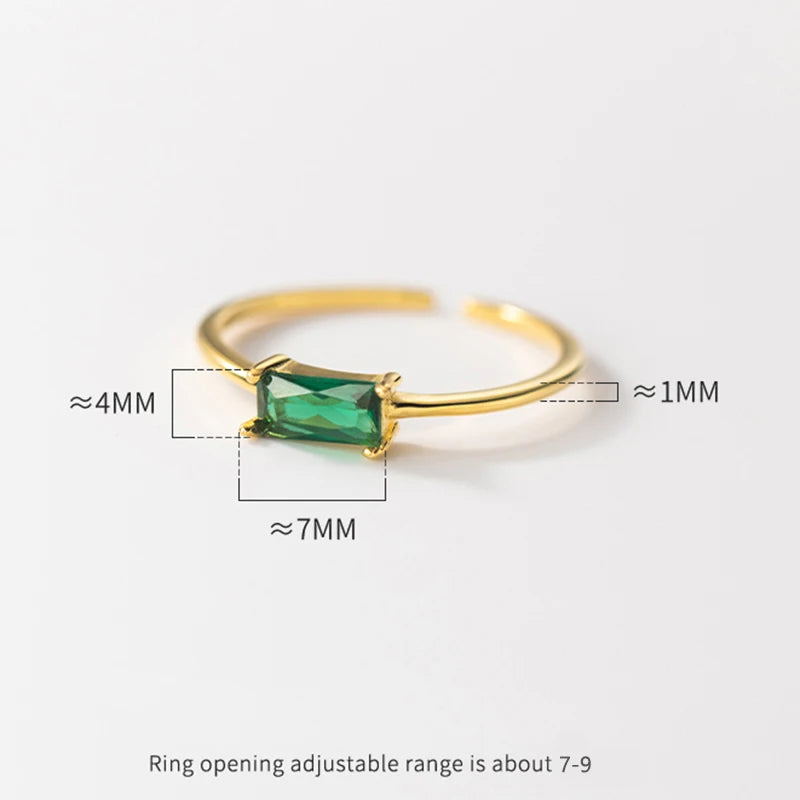 WANTME 925 Sterling Silver Simple Luxury Green Square Zircon Finger Opening Ring for Women Korean Charm Gold Party Jewelry Gift