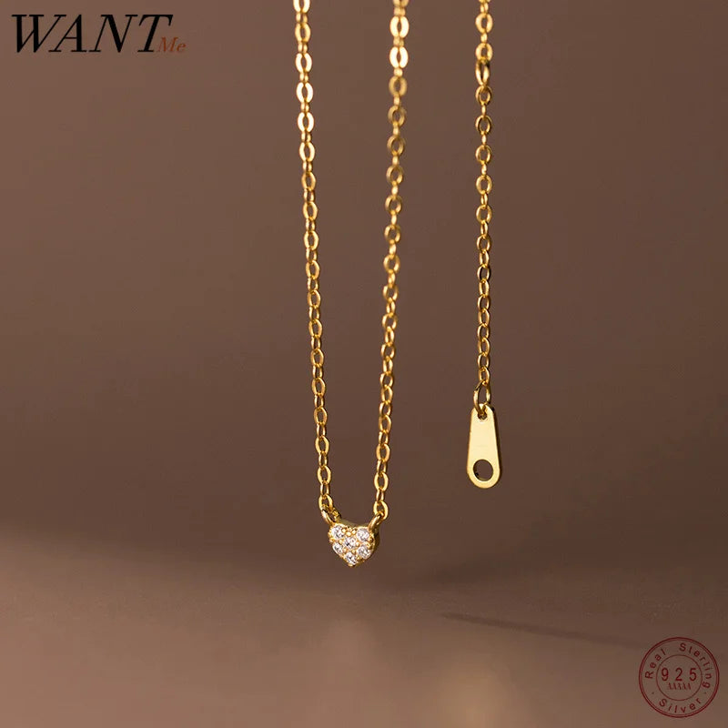 WANTME 925 Sterling Silver Mini Love Heart Zircon Small Pendant Charm Necklace for Women Teen Clavicle Simple Party Jewelry Gift