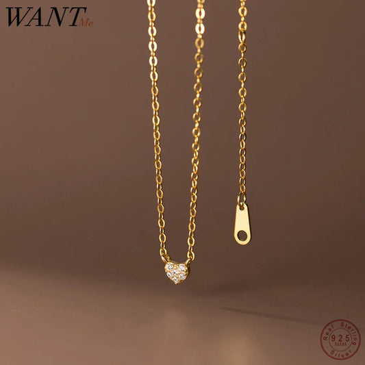 WANTME 925 Sterling Silver Mini Love Heart Zircon Small Pendant Charm Necklace for Women Teen Clavicle Simple Party Jewelry Gift