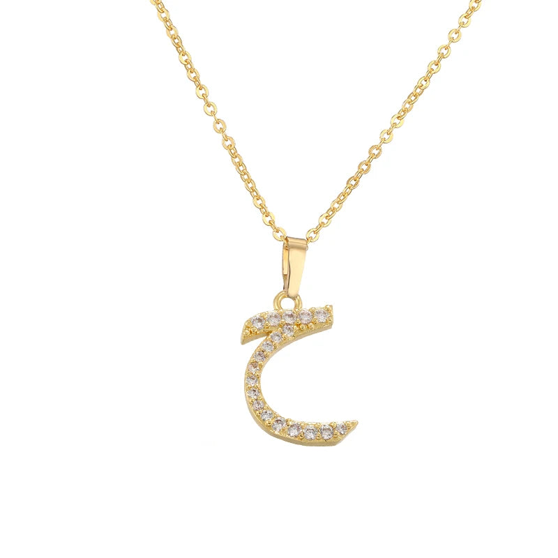 HECHENG Arabic Letter Name Inlaid CZ Stone Pendant Necklace Brass Chain Letter Pendant Necklace Women's Gift Jewelry