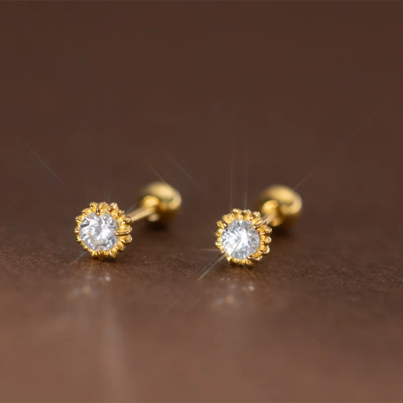 WANTME 925 Sterling Silver Shiny Simple Sunflower Screw Beads Piercing Stud Earrings for Women Fashion Birthday Party Jewelry