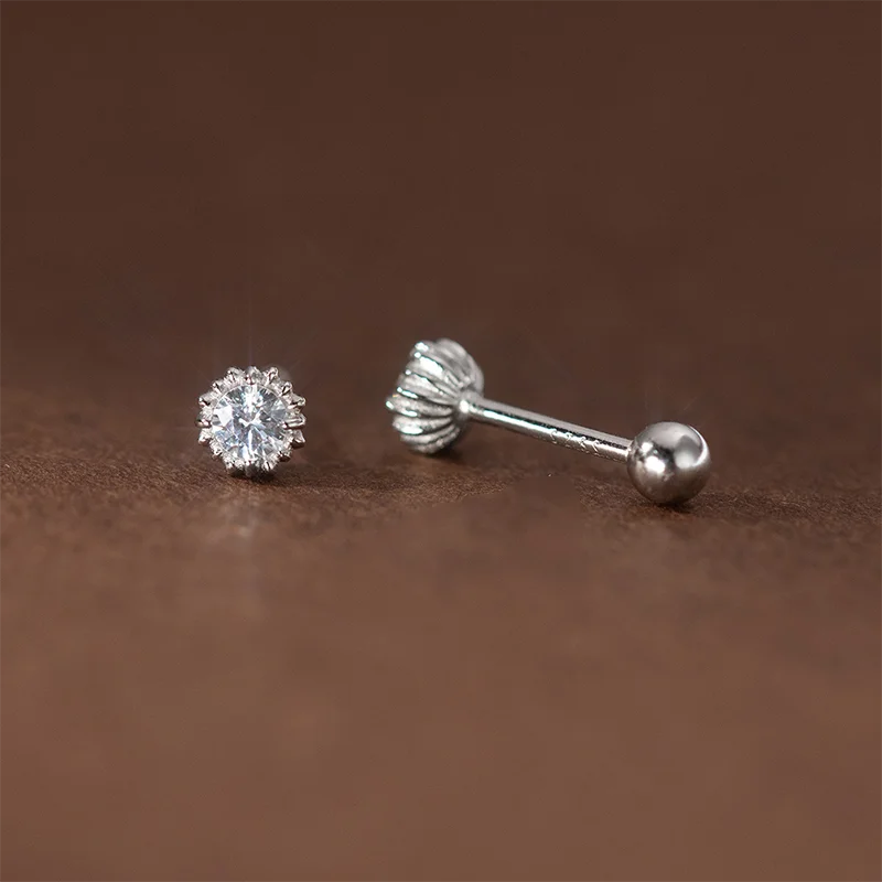 WANTME 925 Sterling Silver Shiny Simple Sunflower Screw Beads Piercing Stud Earrings for Women Fashion Birthday Party Jewelry