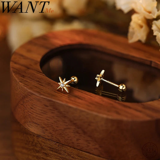 WANTME 925 Sterling Silver Fashion Simple Romantic Light Star Screw Bead Stud Earrings for Women Birthday Party Piercing Jewelry