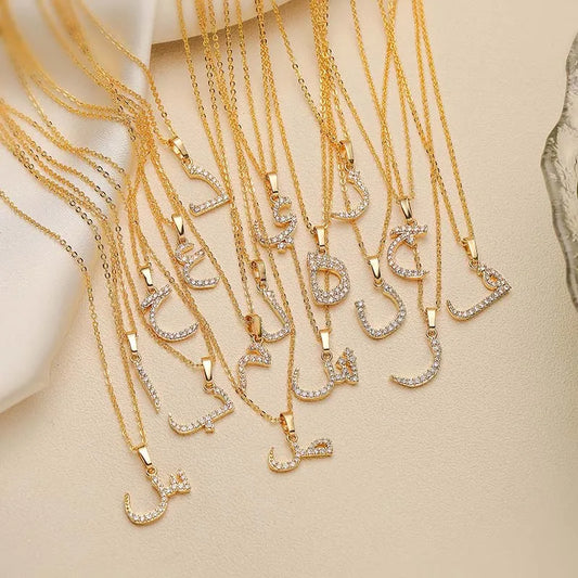 HECHENG Arabic Letter Name Inlaid CZ Stone Pendant Necklace Brass Chain Letter Pendant Necklace Women's Gift Jewelry