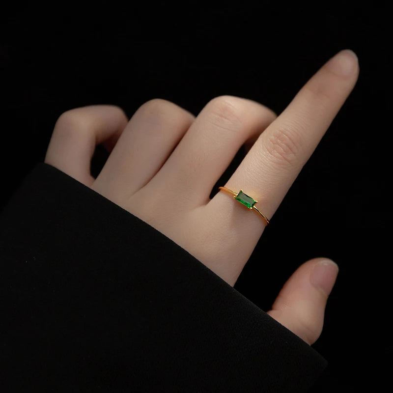 WANTME 925 Sterling Silver Simple Luxury Green Square Zircon Finger Opening Ring for Women Korean Charm Gold Party Jewelry Gift